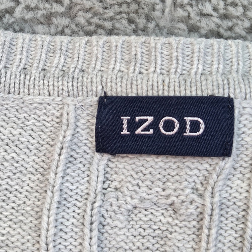 VTG IZOD Sweater Mens XL Cable Knit V-Neck Long Sleeve Grey Pullover 100% Cotton - Picture 2 of 6